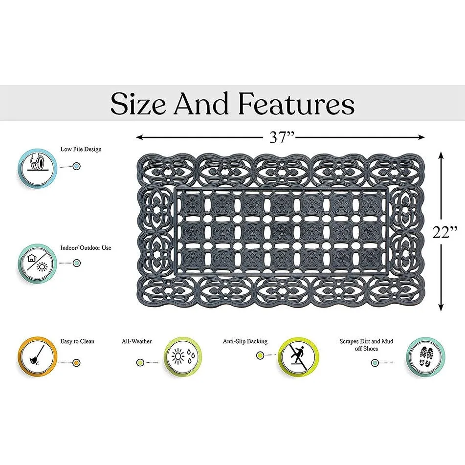 100% Rubber Paisley Border Indoor/Outdoor Decorative Design Durable Doormat 22X37. Black