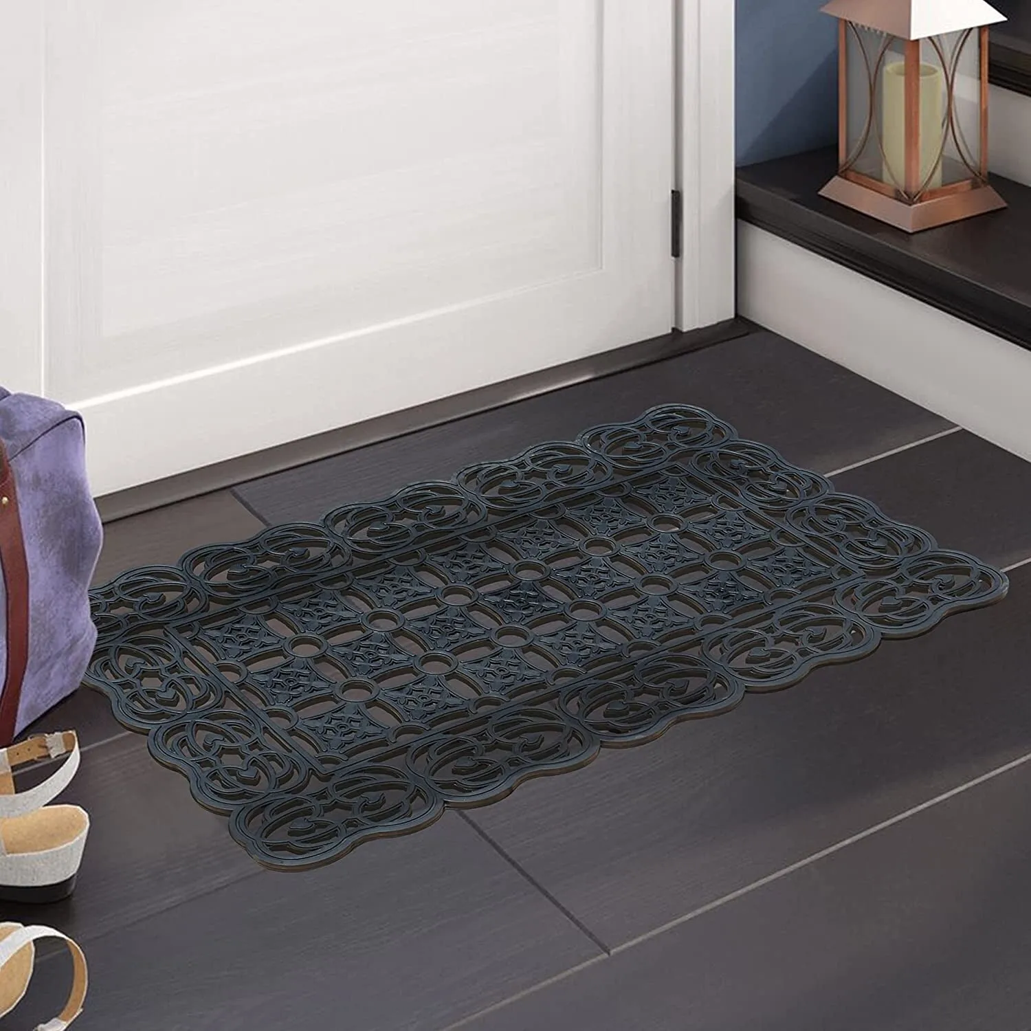 100% Rubber Paisley Border Indoor/Outdoor Decorative Design Durable Doormat 22X37. Black