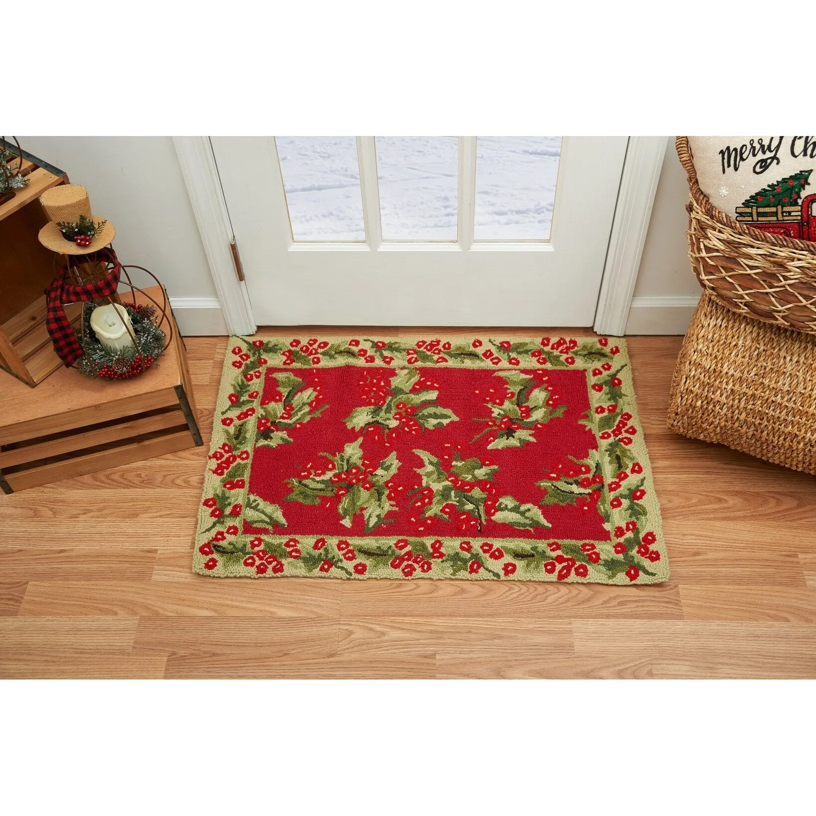 2'0 x 3'0 Holly Red Hooked Christmas Rug - 2' x 3'