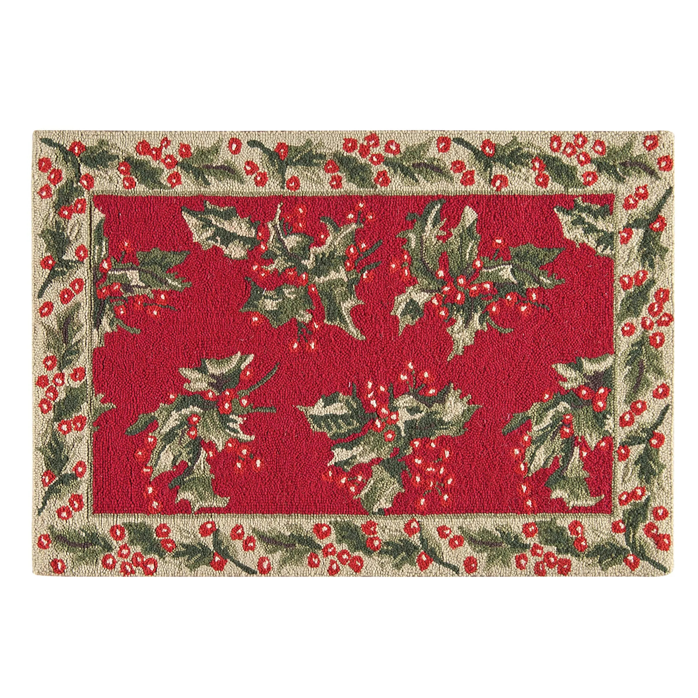 2'0 x 3'0 Holly Red Hooked Christmas Rug - 2' x 3'