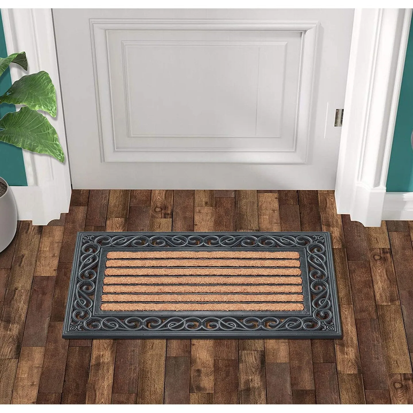 A1HC Striped Rubber and Coir Outdoor Entrance Doormat Black - 18X30