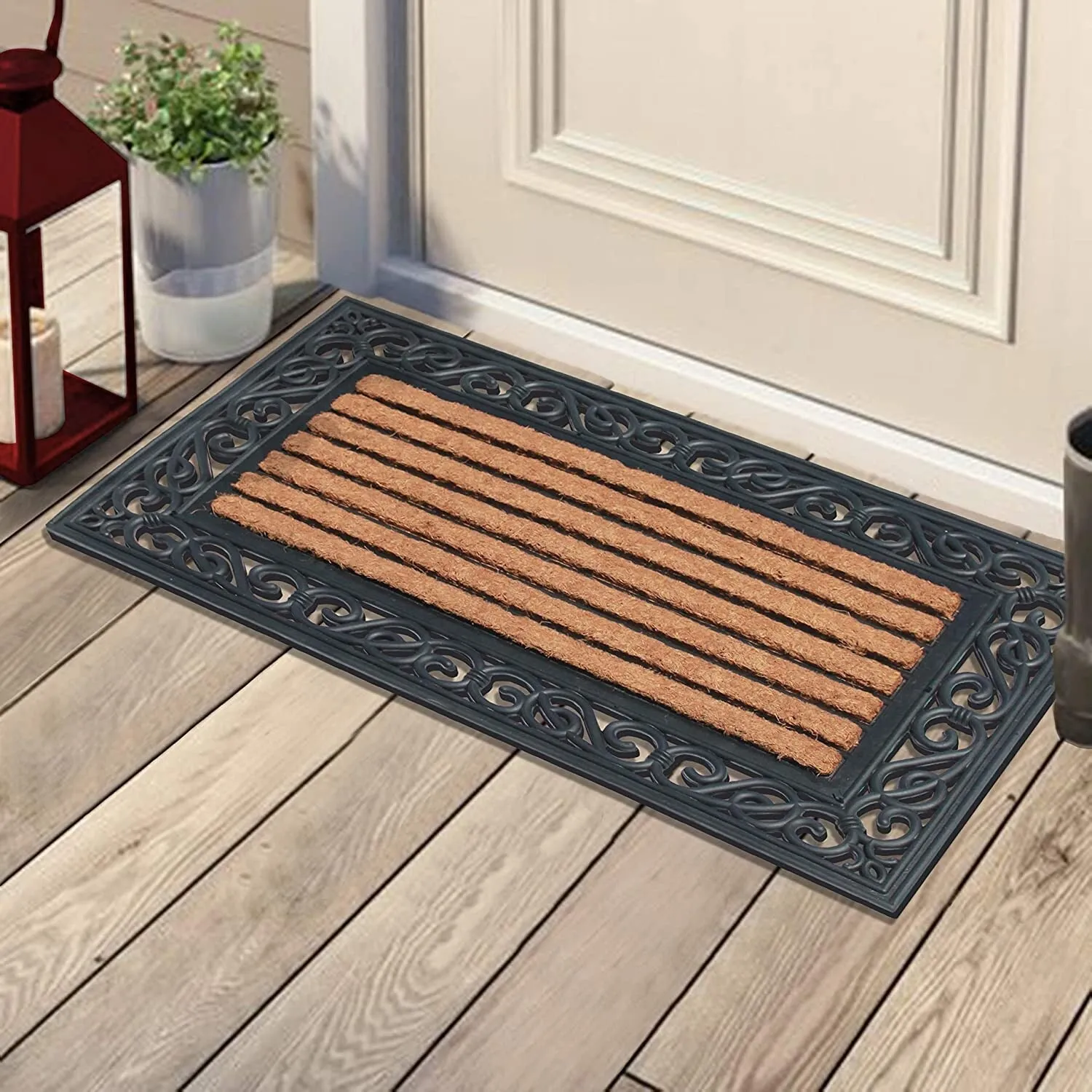 A1HC Striped Rubber and Coir Outdoor Entrance Doormat Black - 18X30
