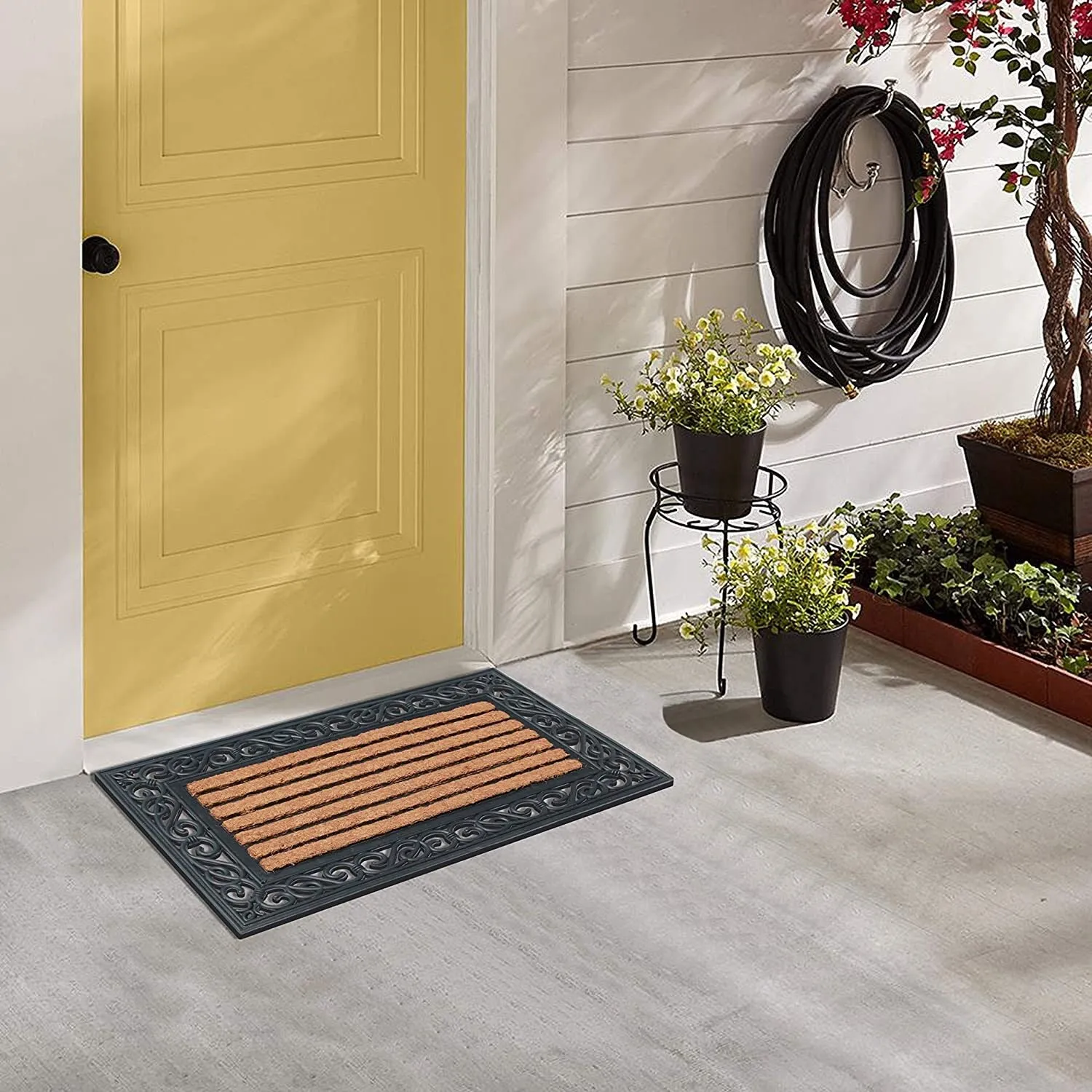 A1HC Striped Rubber and Coir Outdoor Entrance Doormat Black - 18X30