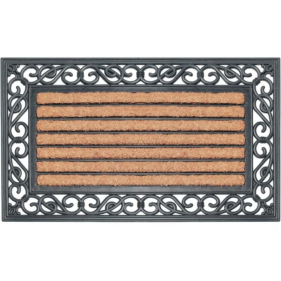 A1HC Striped Rubber and Coir Outdoor Entrance Doormat Black - 18X30