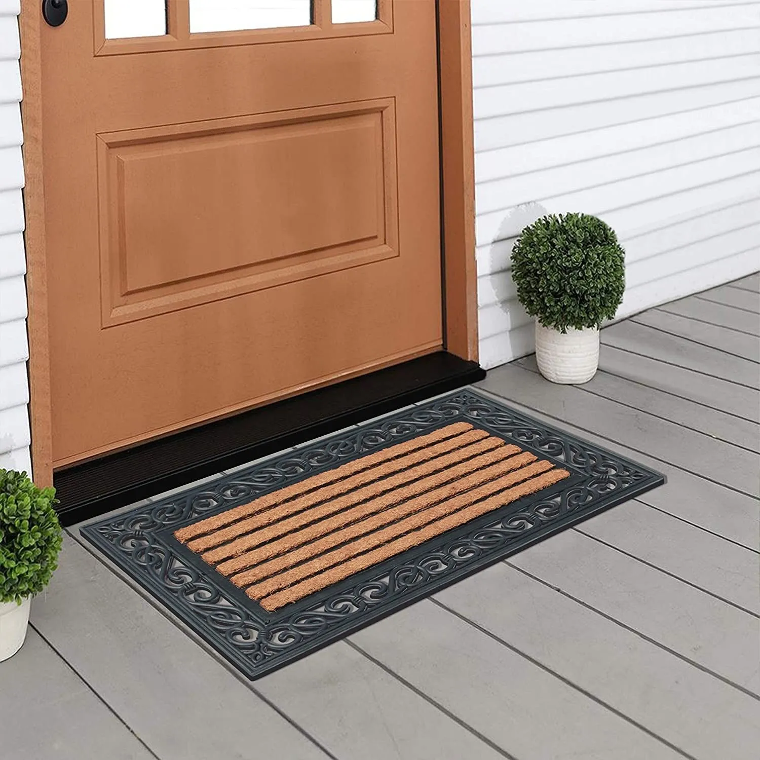 A1HC Striped Rubber and Coir Outdoor Entrance Doormat Black - 18X30
