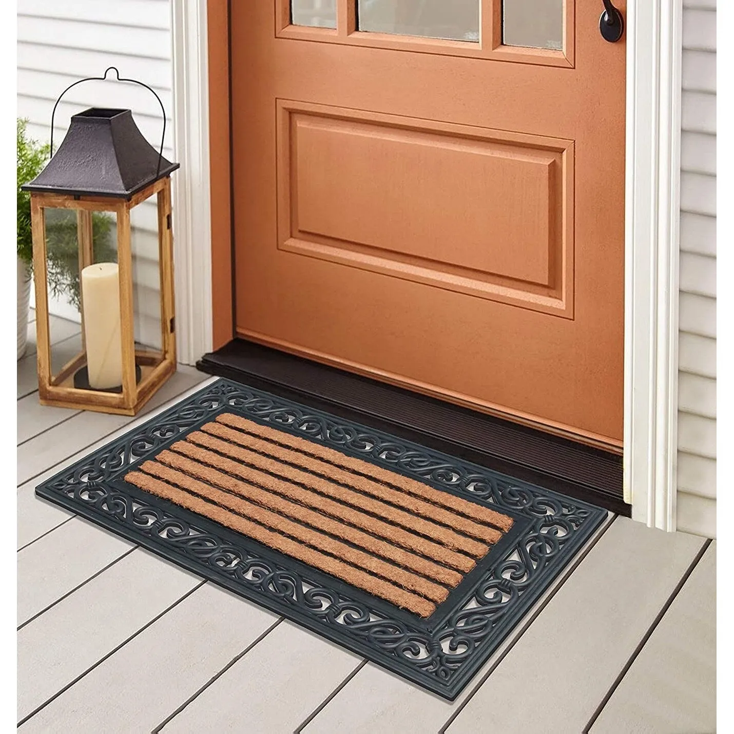 A1HC Striped Rubber and Coir Outdoor Entrance Doormat Black - 18X30