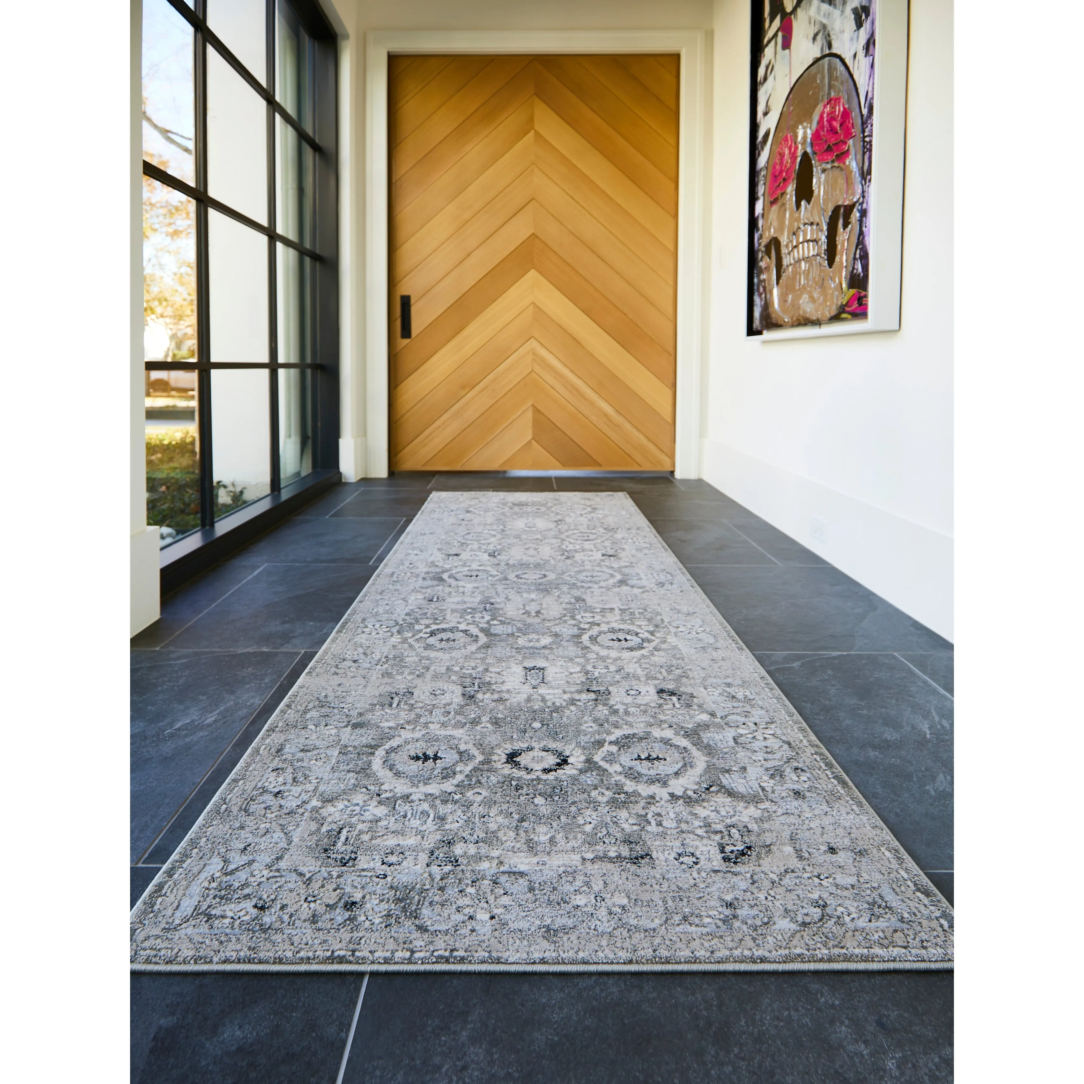 Adana Transitional Metallic Runner. Ivory/Silver Gray