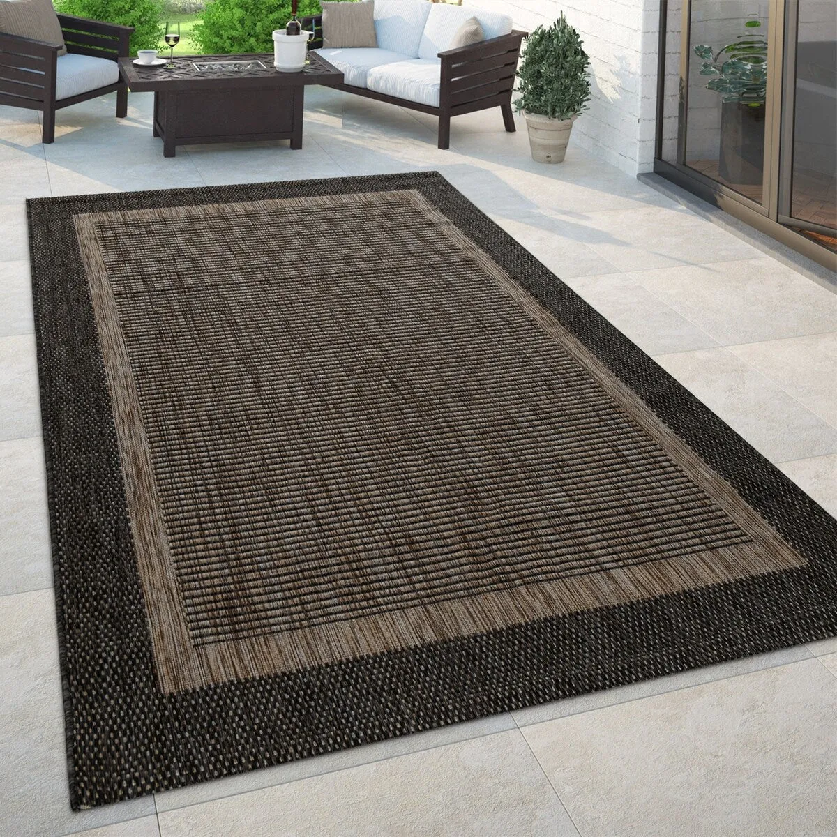 Anthracite Brown Outdoor Rug Rustic Style Bordered for Patio/Balcony