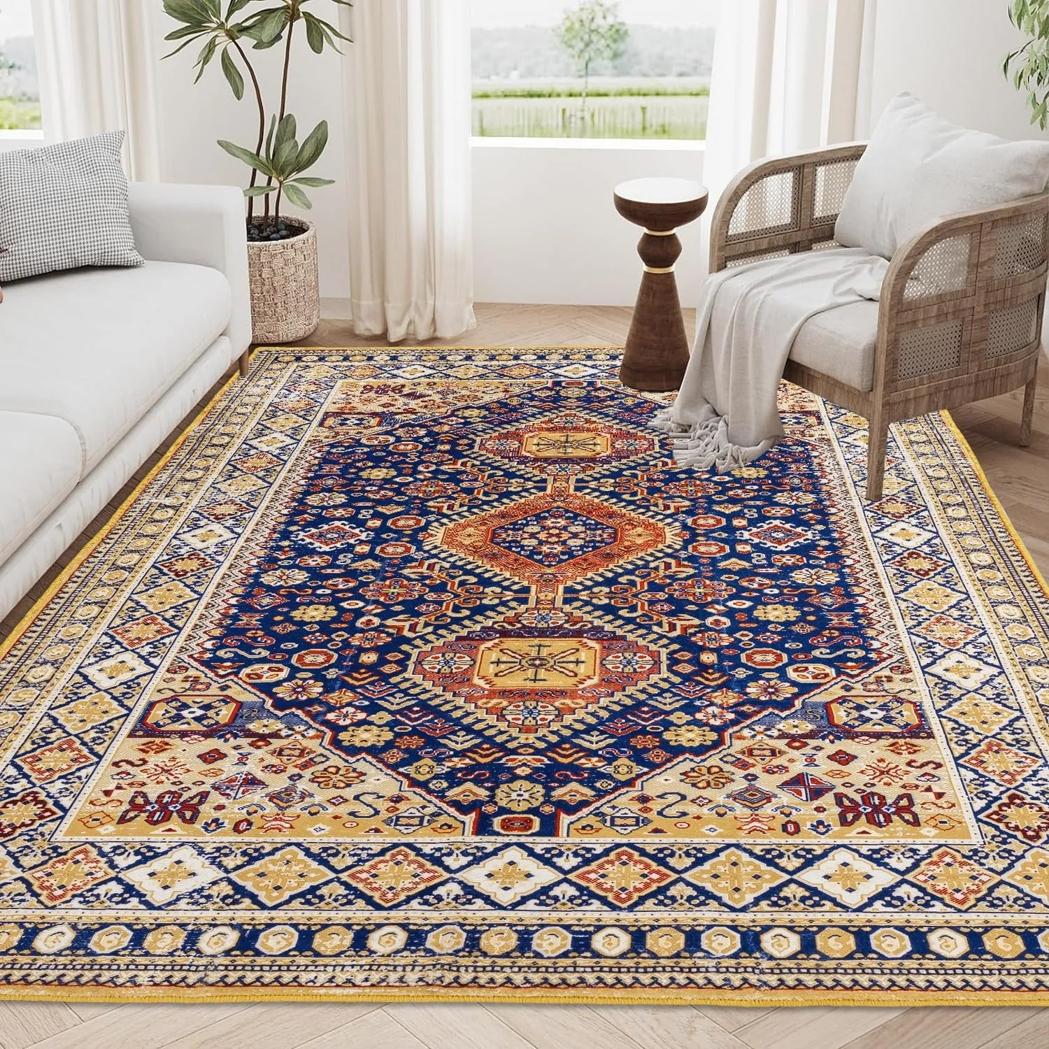 Area Rug 8x10 Vintage Bohemia Large Persian Non-slip Washable Rug Abstract Geometrical Blue/Yellow - 8 x 10