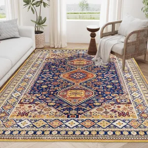 Area Rug 8x10 Vintage Bohemia Large Persian Non-slip Washable Rug Abstract Geometrical Blue/Yellow - 8 x 10