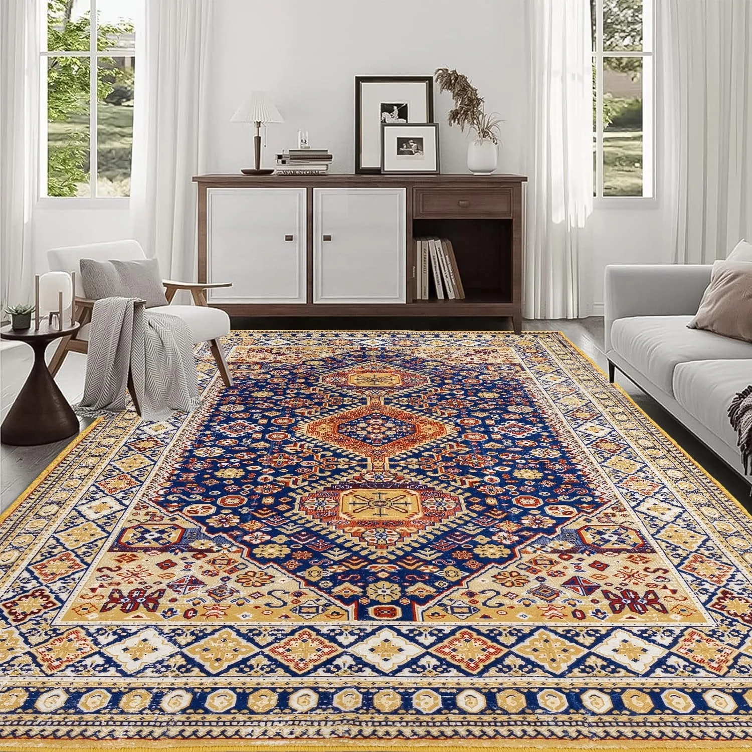 Area Rug 8x10 Vintage Bohemia Large Persian Non-slip Washable Rug Abstract Geometrical Blue/Yellow - 8 x 10