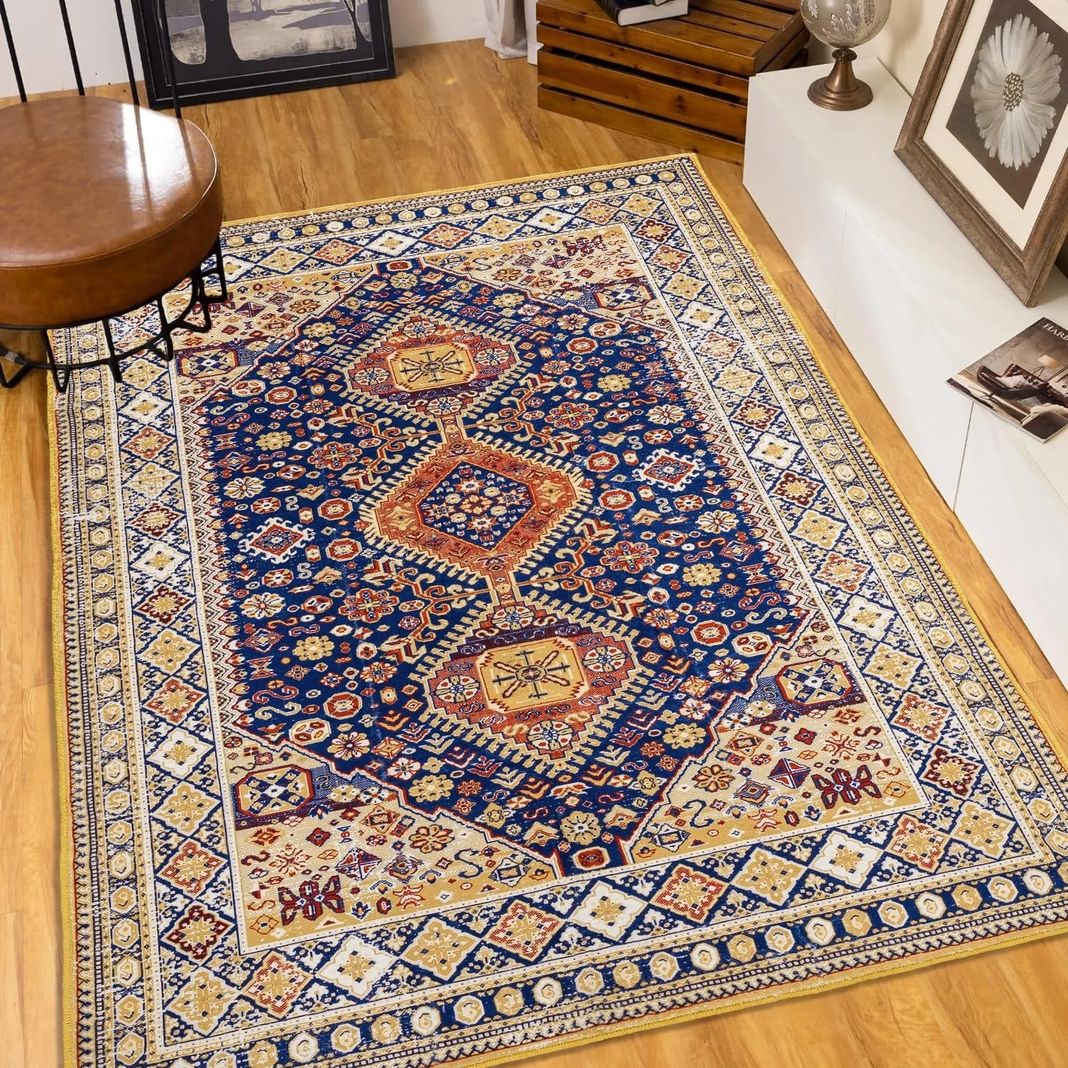 Area Rug 8x10 Vintage Bohemia Large Persian Non-slip Washable Rug Abstract Geometrical Blue/Yellow - 8 x 10