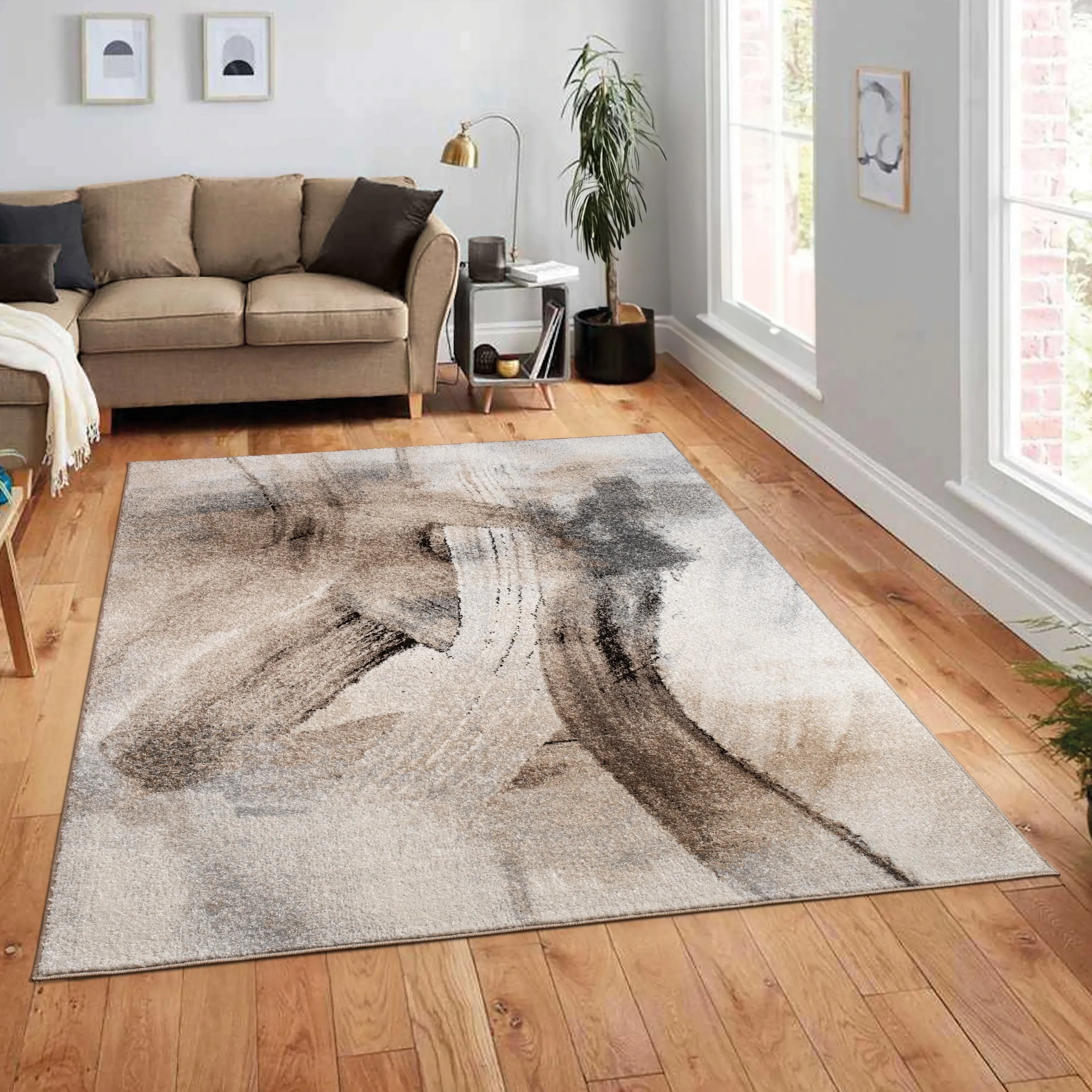 Artistic Designer Rug with Brushstroke Effect in Cream Brown Black