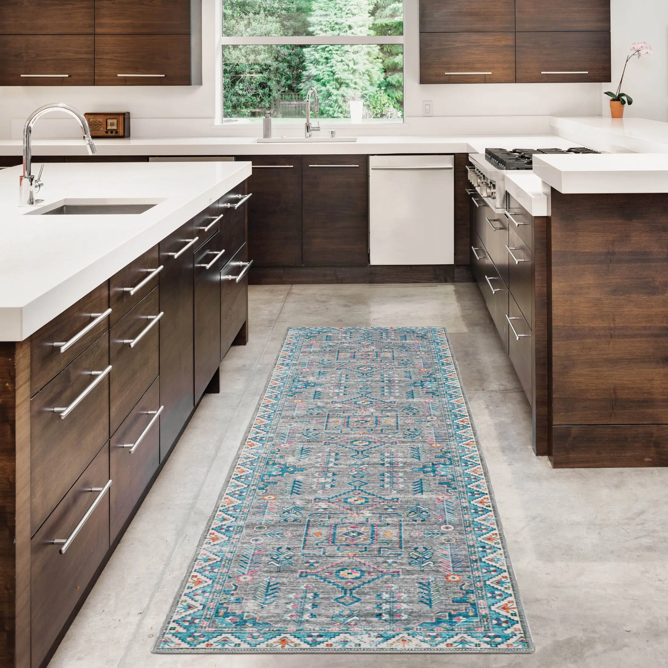 Barron Machine Washable Grey and Green Area Rug