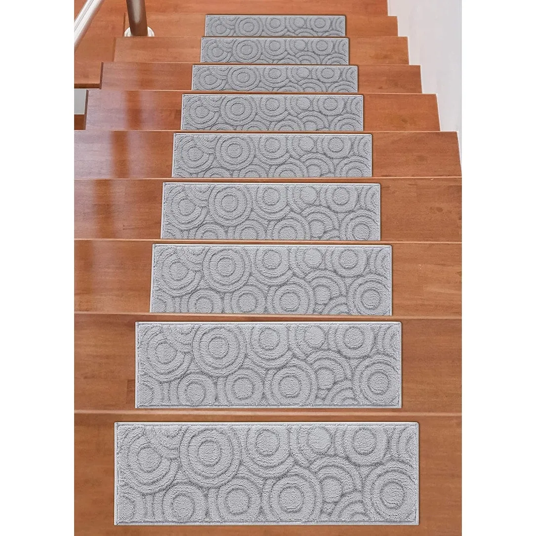 Beverly Rug Indoor Non Slip Carpet Stair Treads w/ Installed Tape 9x28 Circles Light Grey / Dark Grey