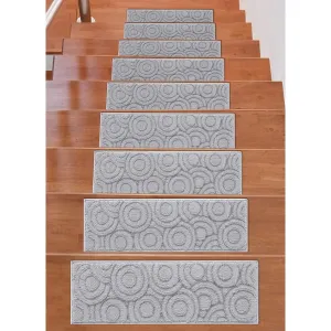 Beverly Rug Indoor Non Slip Carpet Stair Treads w/ Installed Tape 9x28 Circles Light Grey / Dark Grey