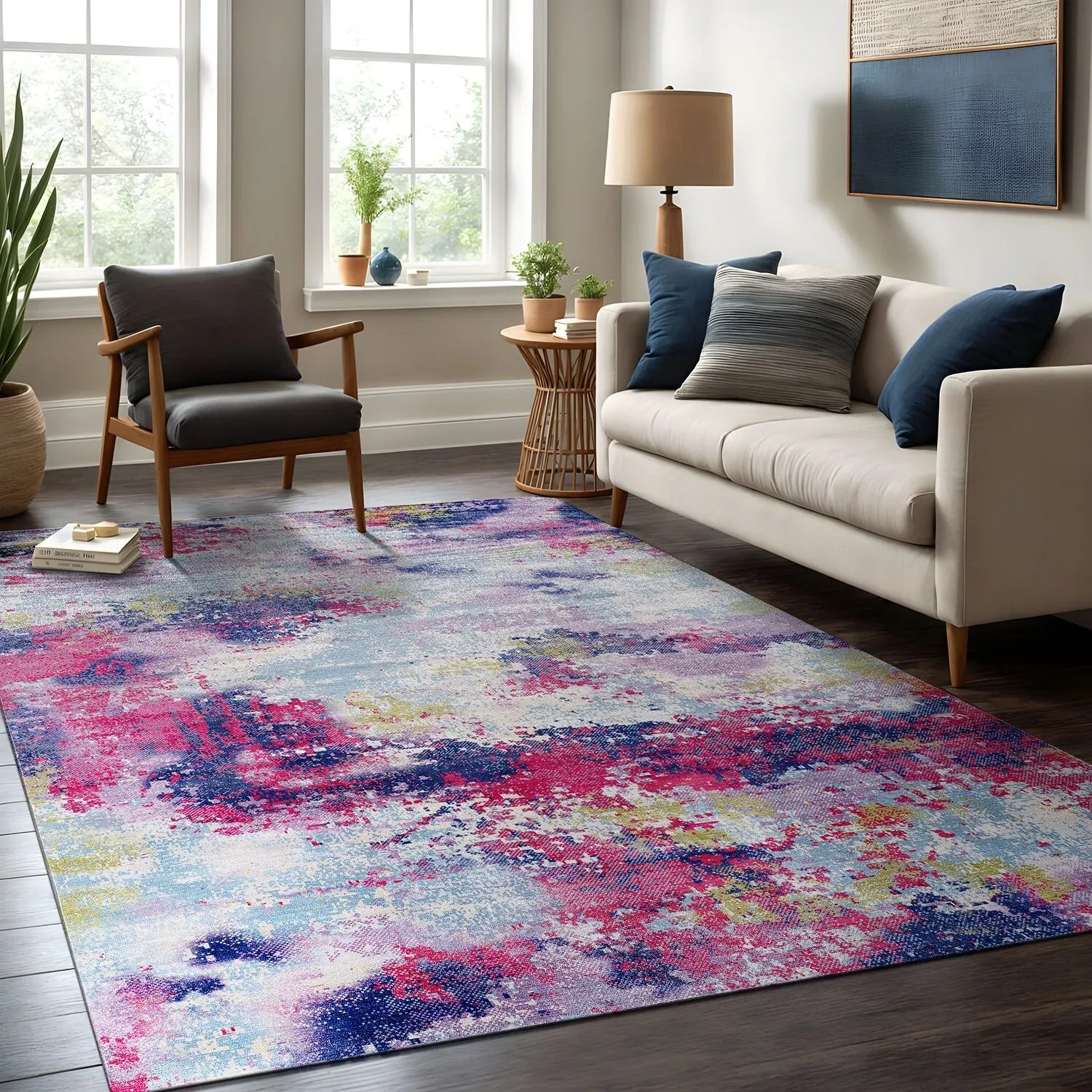 Beverly Rug Queen Abstract Non-Slip Rubber Back Washable Indoor Area Rug