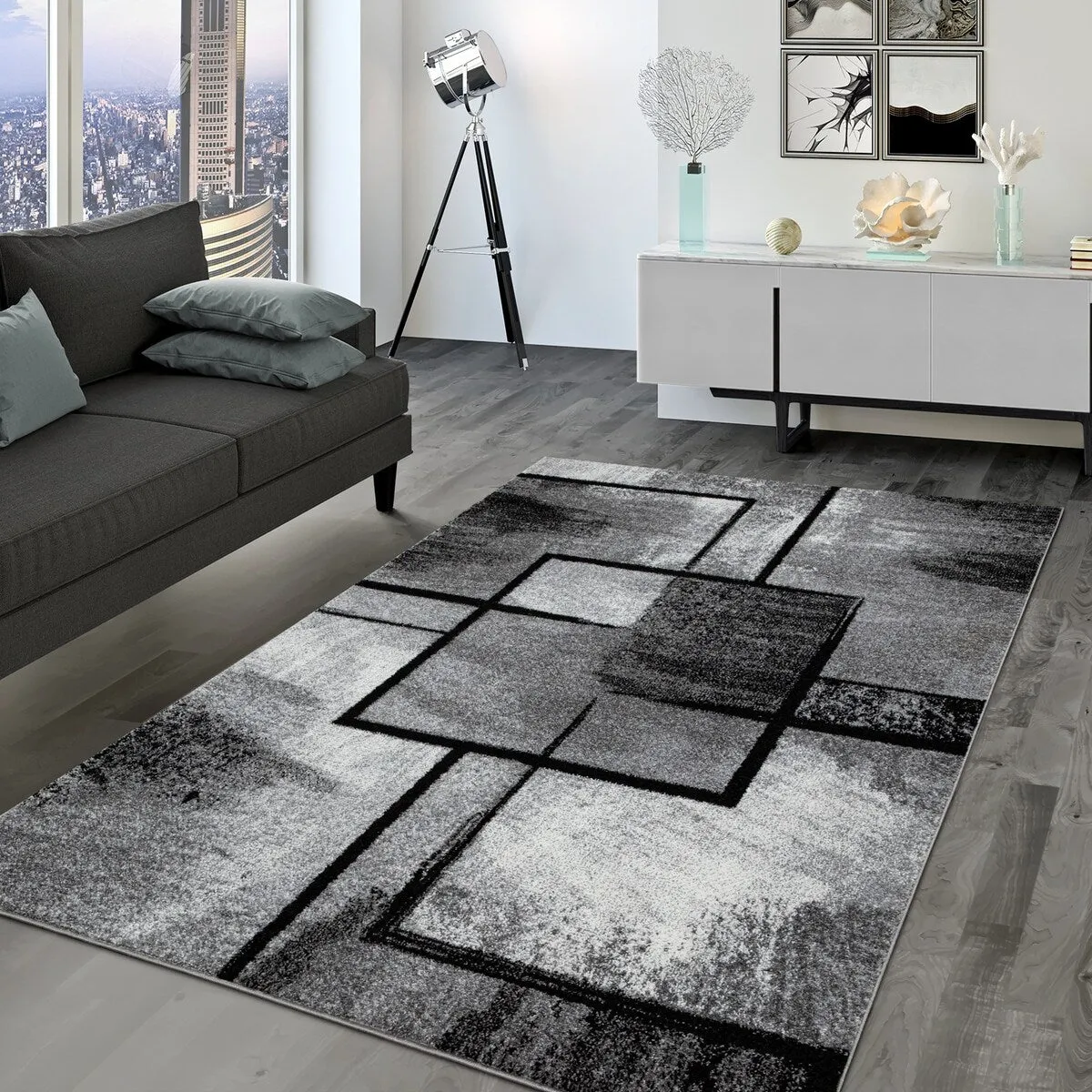 Black White Area Rug with Geometric Pattern and Modern Paint Effect