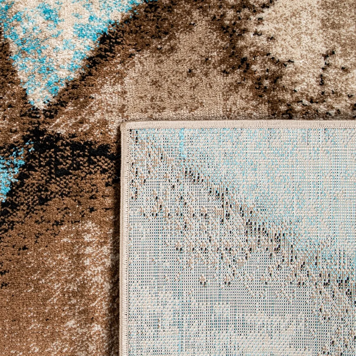 Brown Blue Area Rug for Living Room with Geometric Pattern in Beige