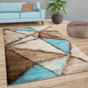 Brown Blue Area Rug for Living Room with Geometric Pattern in Beige