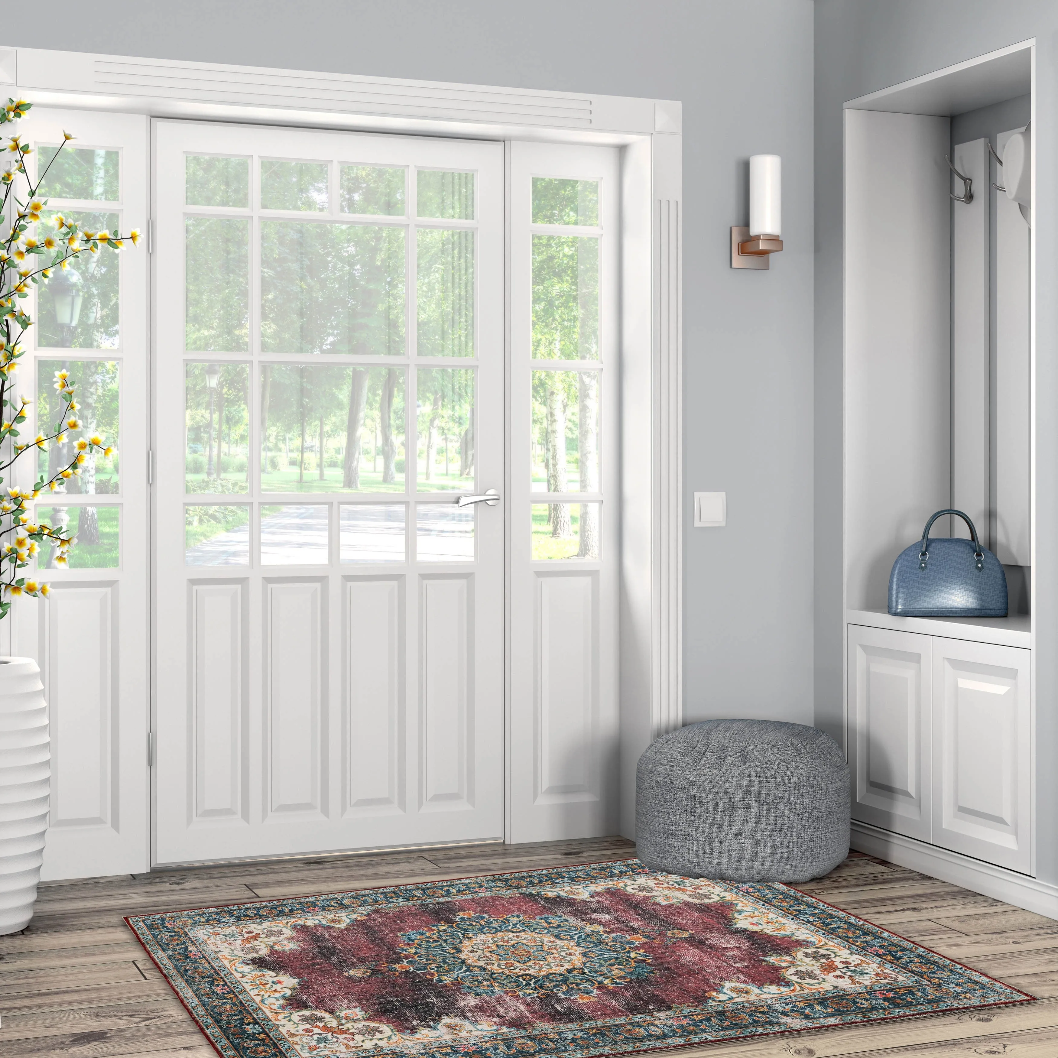 Bryant Machine Washable Ivory & Burgundy Area Rug