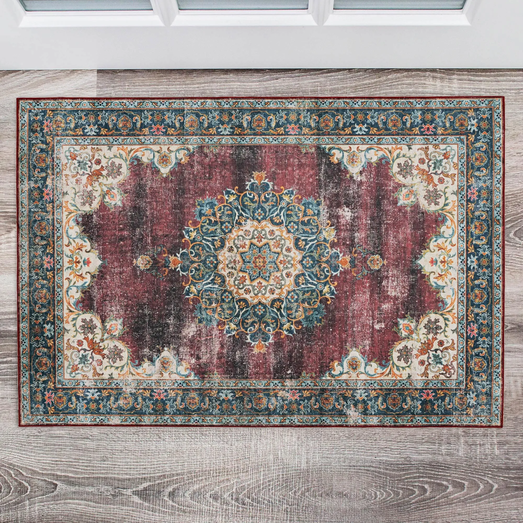 Bryant Machine Washable Ivory & Burgundy Area Rug