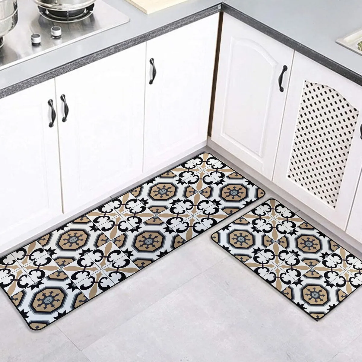 Carmen Printed Kitchen Sink Mat - Black & Beige Tile Design