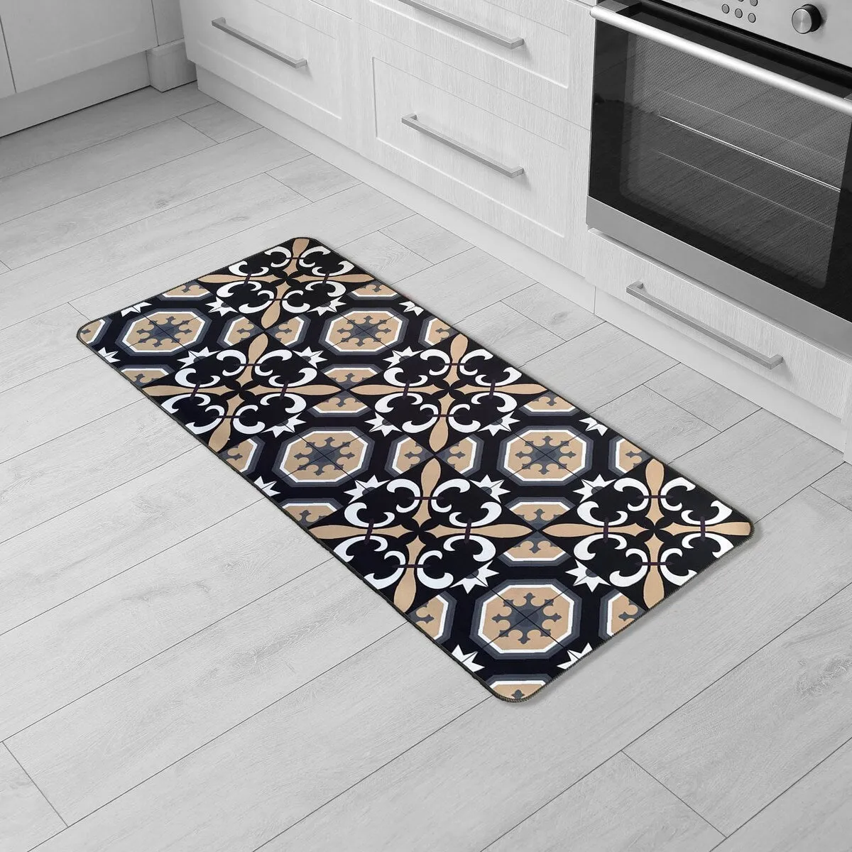 Carmen Printed Kitchen Sink Mat - Black & Beige Tile Design