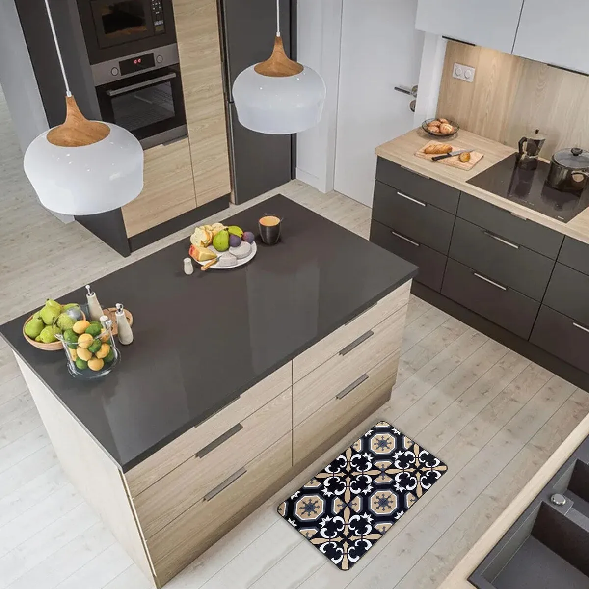 Carmen Printed Kitchen Sink Mat - Black & Beige Tile Design
