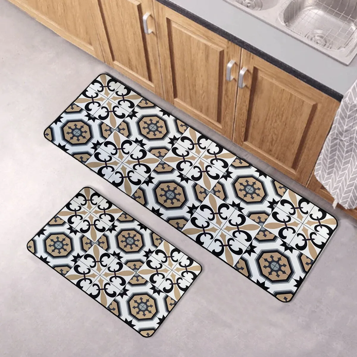 Carmen Printed Kitchen Sink Mat - Black & Beige Tile Design