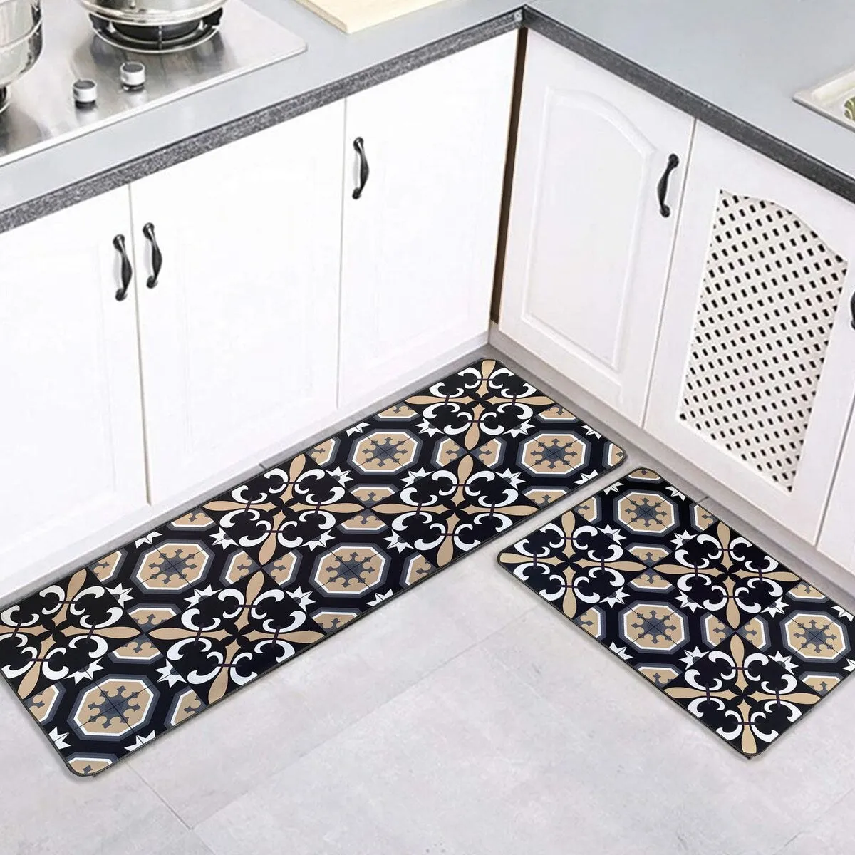 Carmen Printed Kitchen Sink Mat - Black & Beige Tile Design