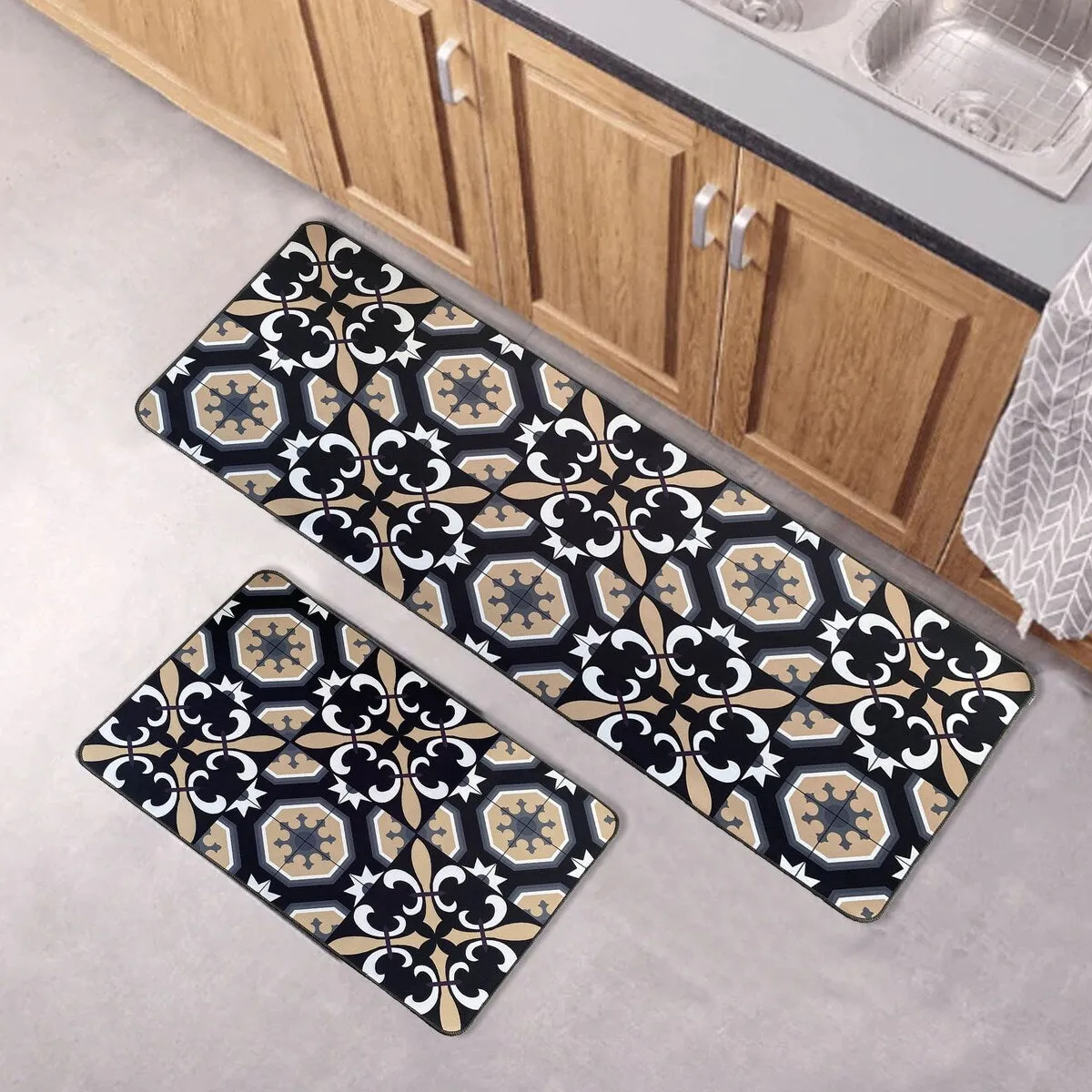 Carmen Printed Kitchen Sink Mat - Black & Beige Tile Design