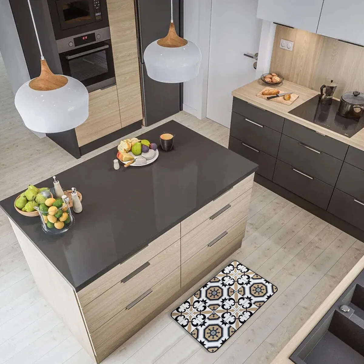 Carmen Printed Kitchen Sink Mat - Black & Beige Tile Design