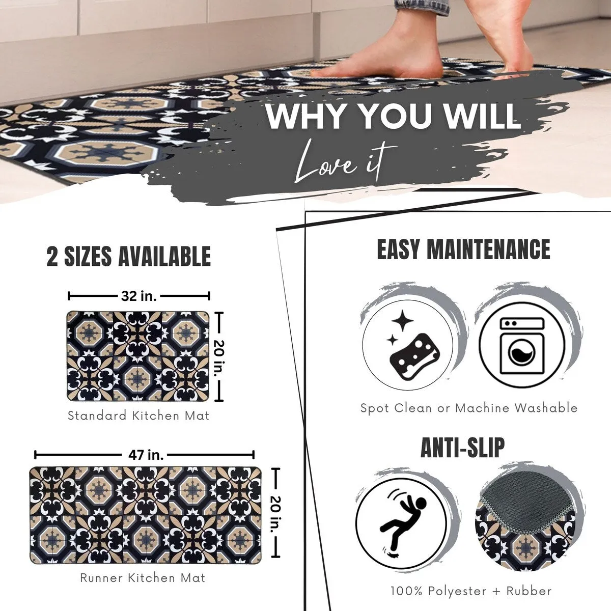 Carmen Printed Kitchen Sink Mat - Black & Beige Tile Design