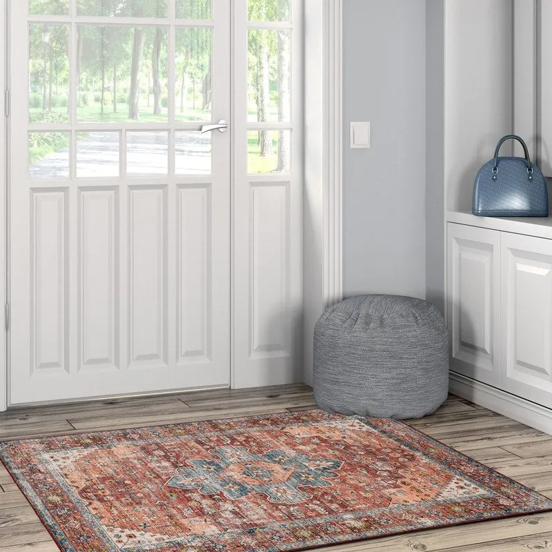 Carter Machine Washable Medallion Rust/Ivory Area Rug