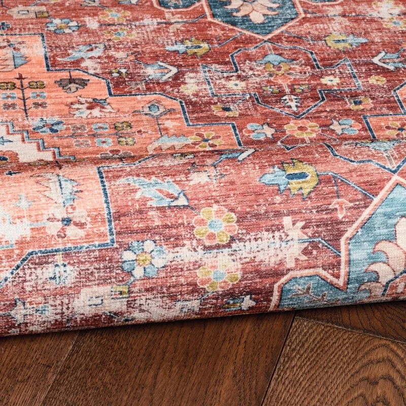Carter Machine Washable Medallion Rust/Ivory Area Rug