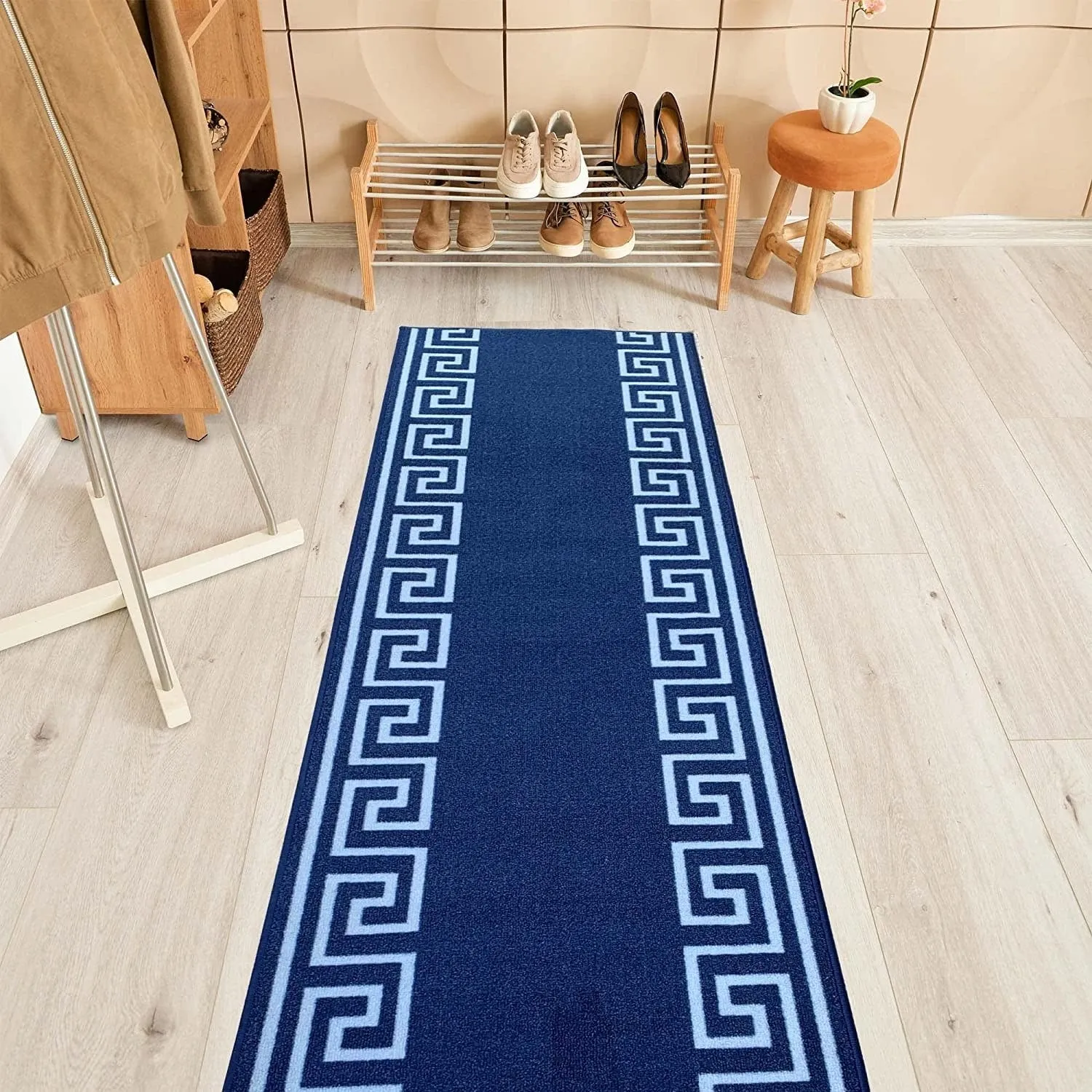 Custom Size Greek Key Black 31 Inch Wide Non-Slip Stair Runner Rug