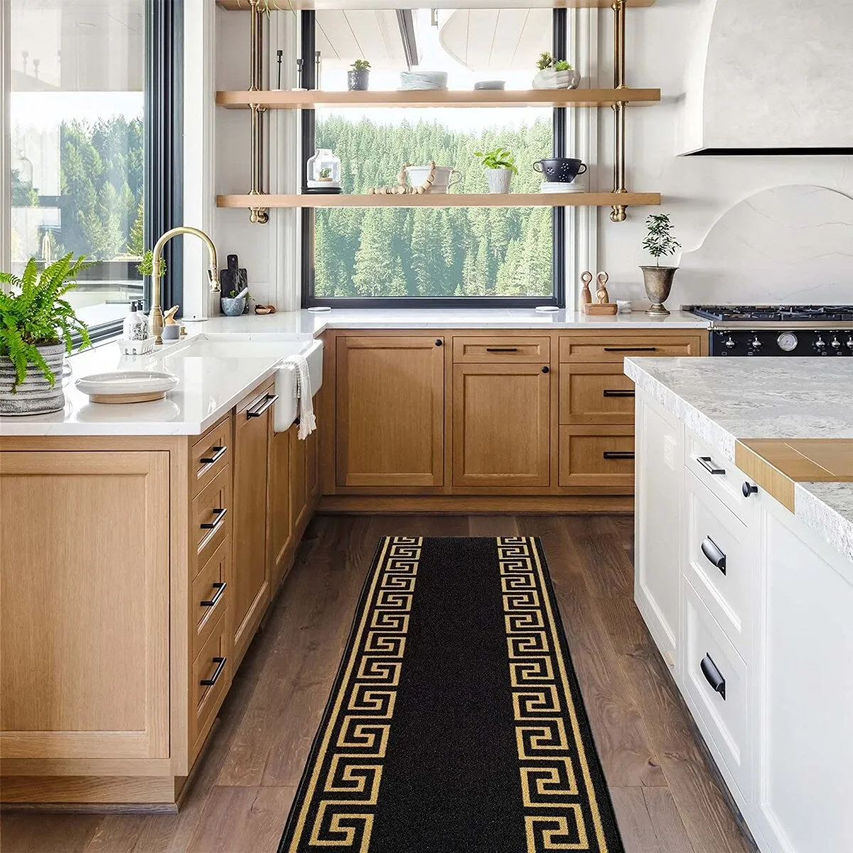 Custom Size Greek Key Black 31 Inch Wide Non-Slip Stair Runner Rug