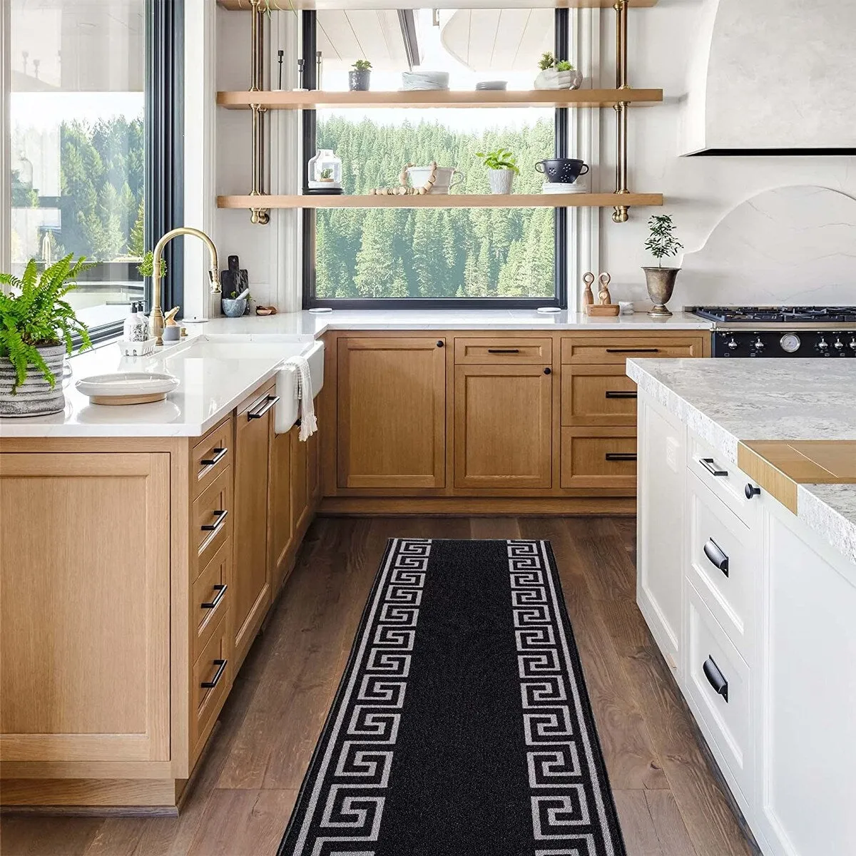 Custom Size Greek Key Black 31 Inch Wide Non-Slip Stair Runner Rug