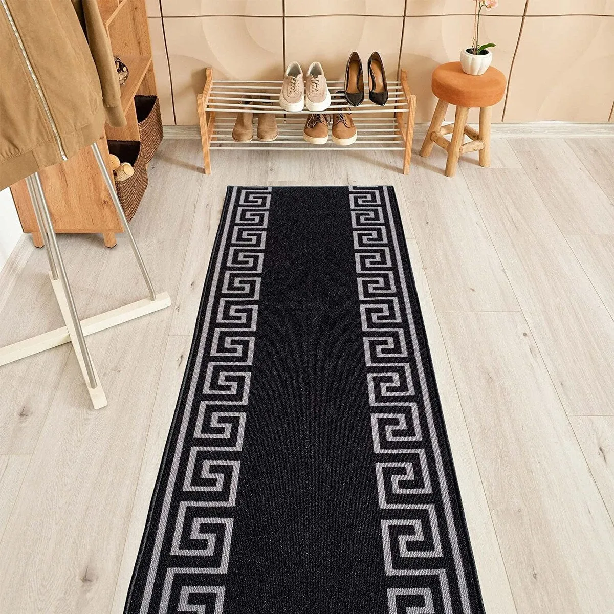 Custom Size Greek Key Black 31 Inch Wide Non-Slip Stair Runner Rug