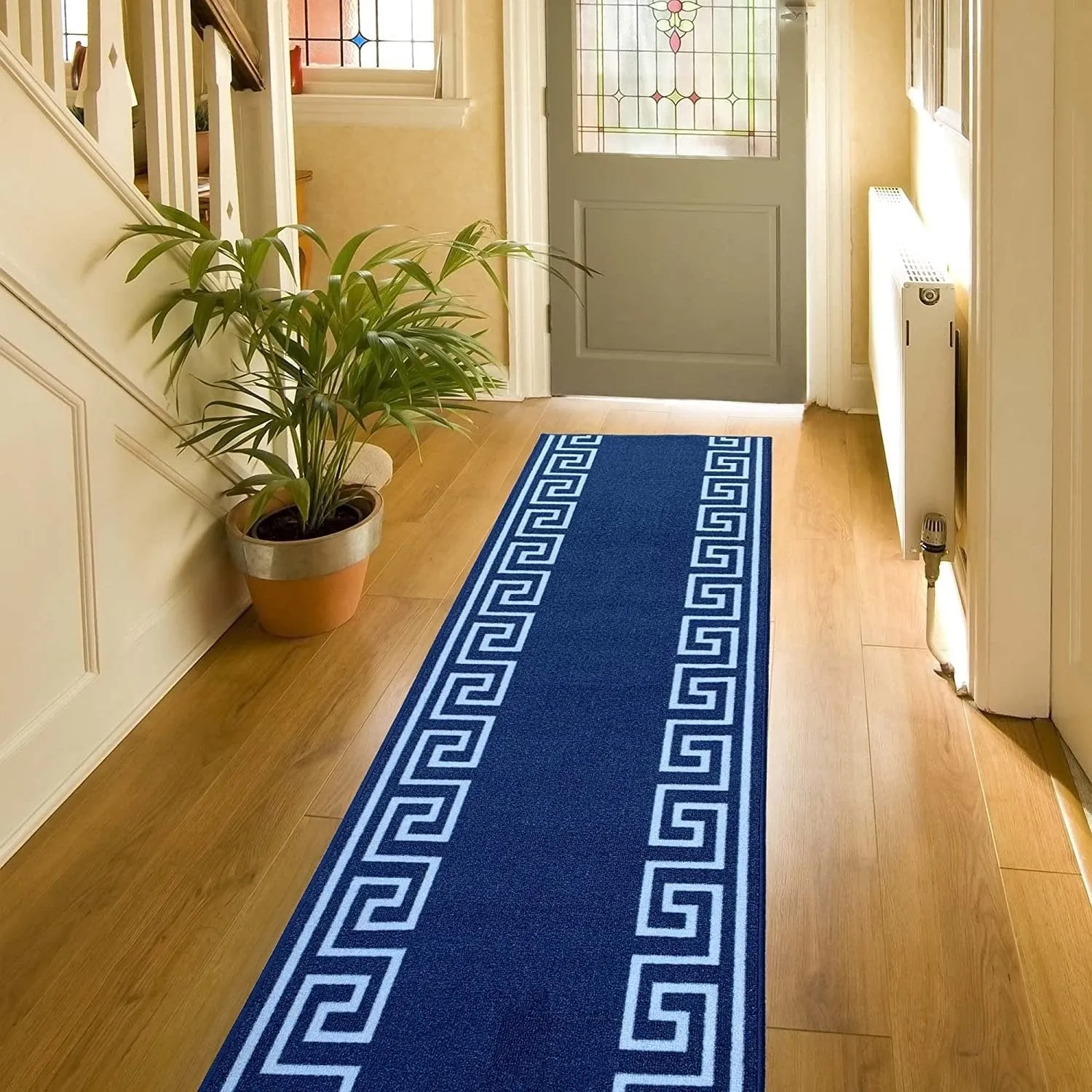 Custom Size Greek Key Black 31 Inch Wide Non-Slip Stair Runner Rug