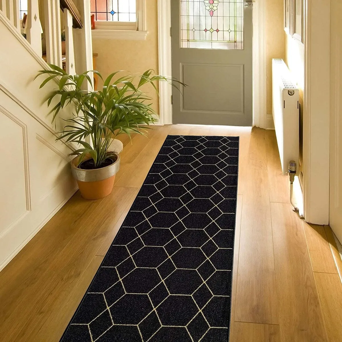 Custom Size Hexagon Black Gold 31 Inch Wide Non-Slip Stair Runner Rug