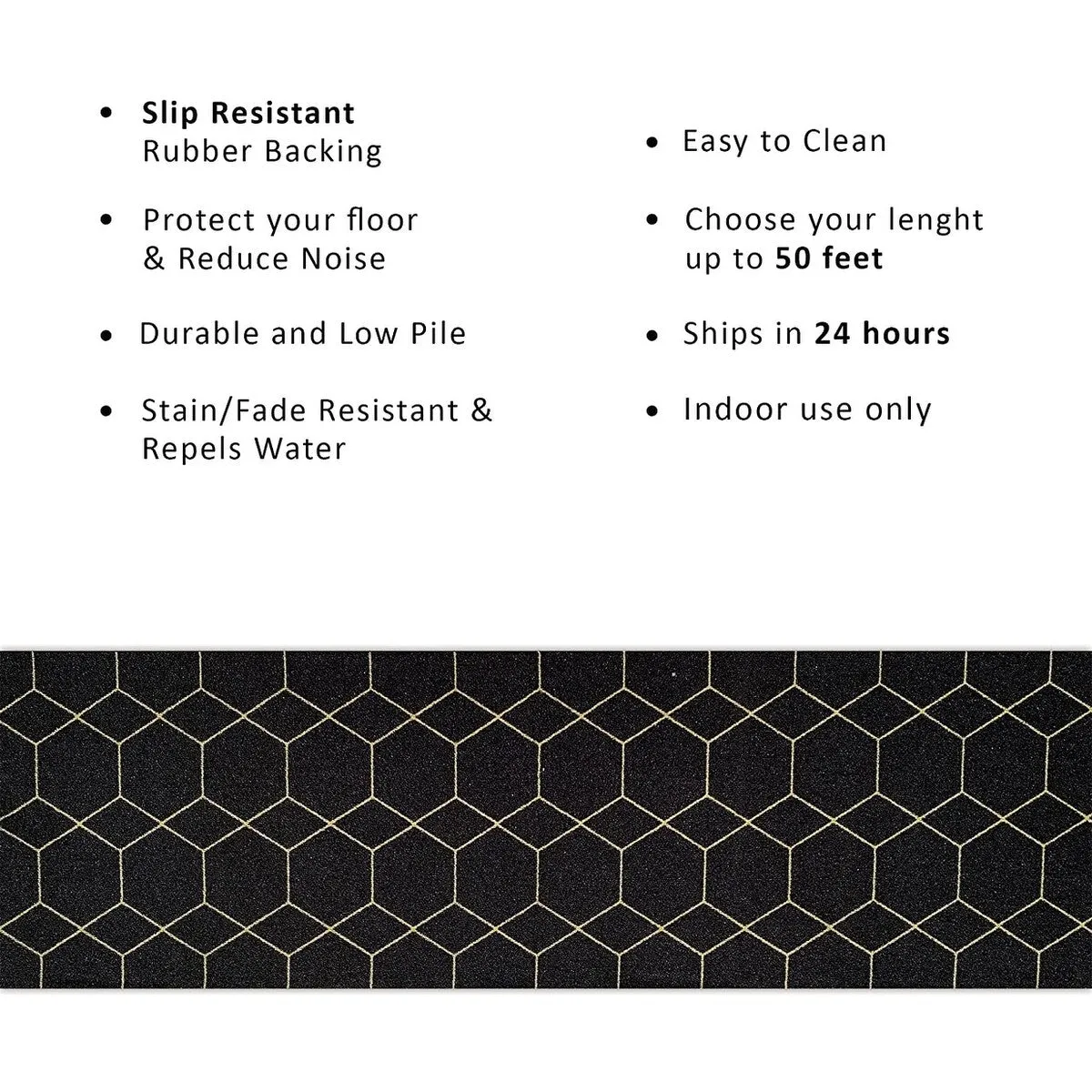 Custom Size Hexagon Black Gold 31 Inch Wide Non-Slip Stair Runner Rug