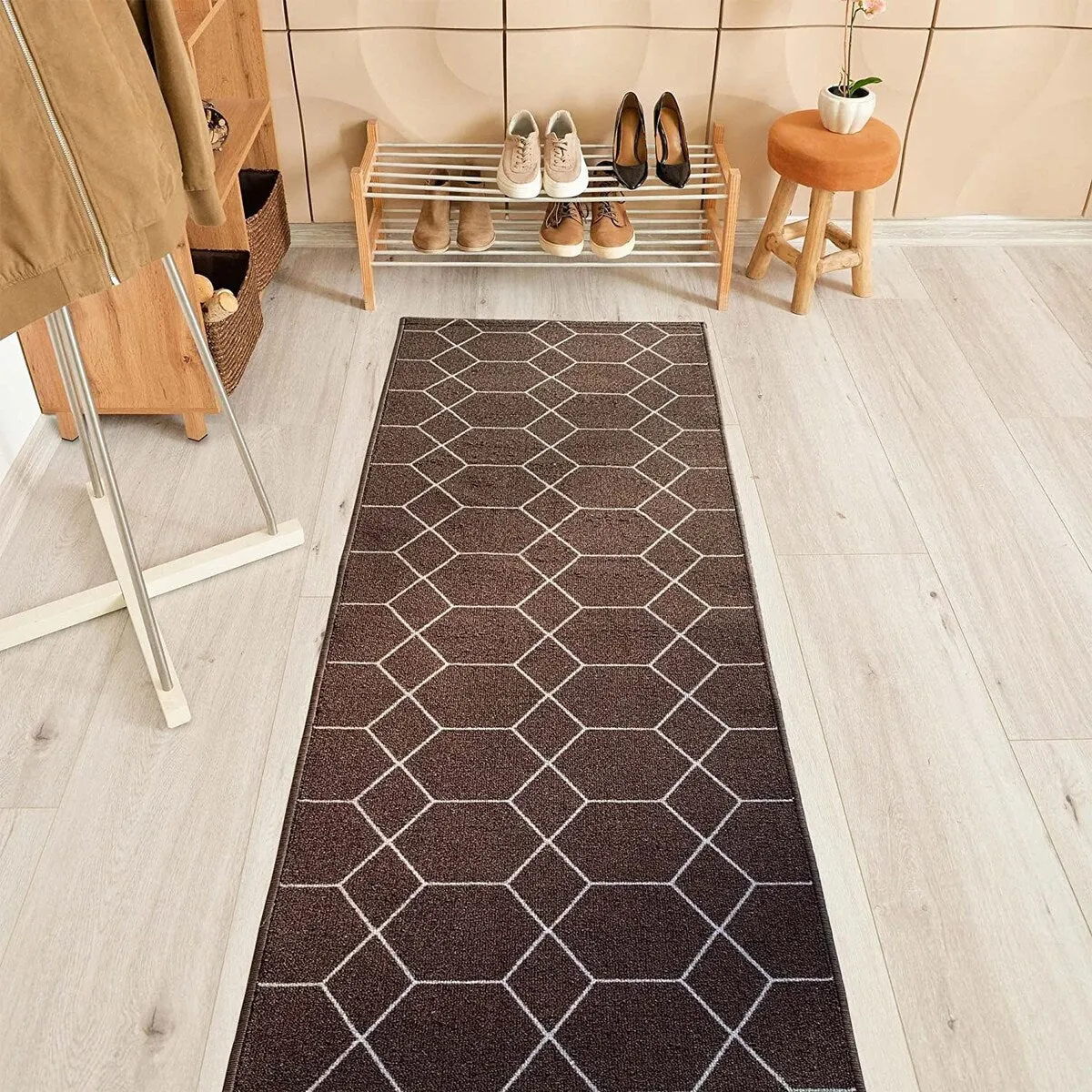 Custom Size Hexagon Brown 26 Inch Wide Non-Slip Stair Runner Rug