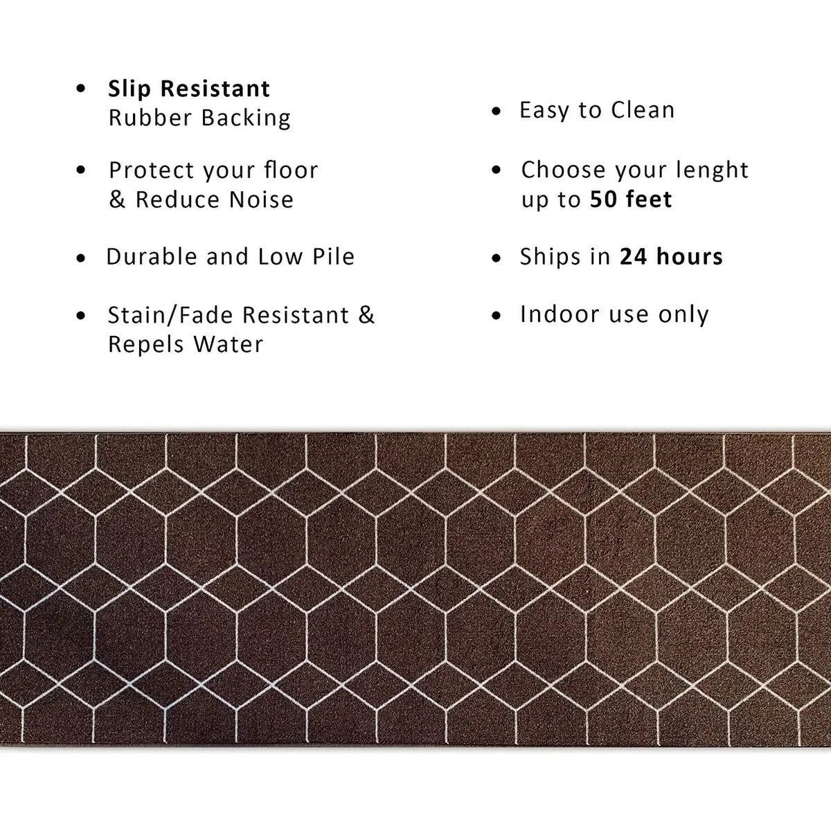 Custom Size Hexagon Brown 26 Inch Wide Non-Slip Stair Runner Rug
