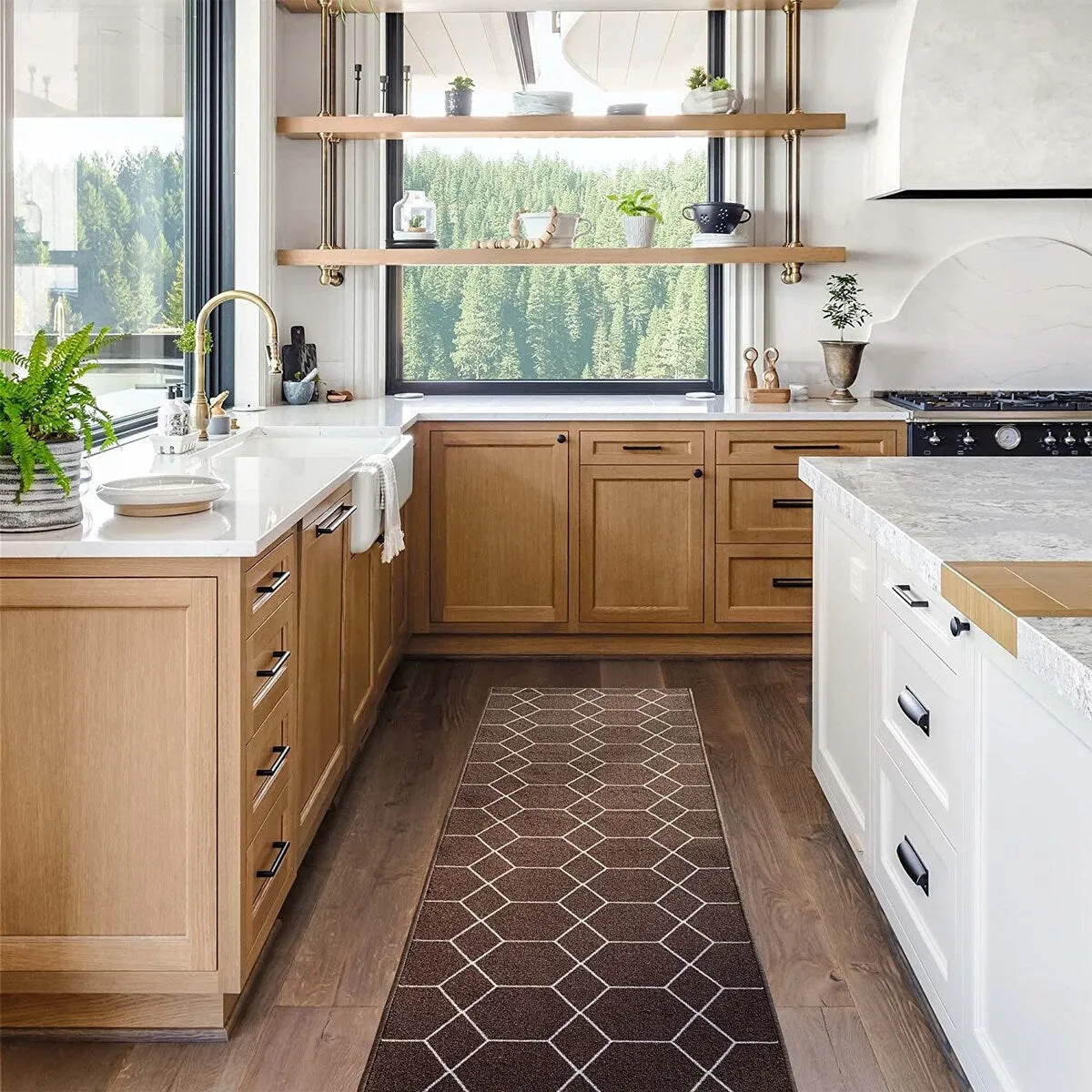 Custom Size Hexagon Brown 26 Inch Wide Non-Slip Stair Runner Rug