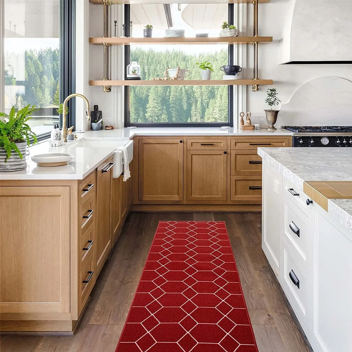 Custom Size Hexagon Red 31 Inch Wide Non-Slip Stair Runner Rug