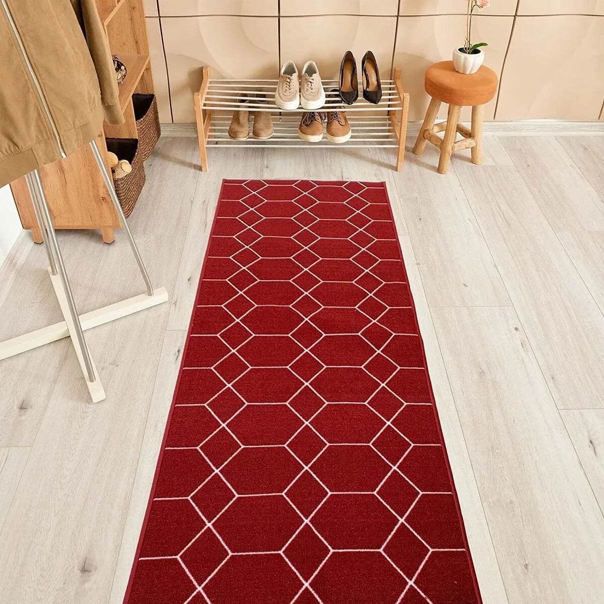 Custom Size Hexagon Red 31 Inch Wide Non-Slip Stair Runner Rug