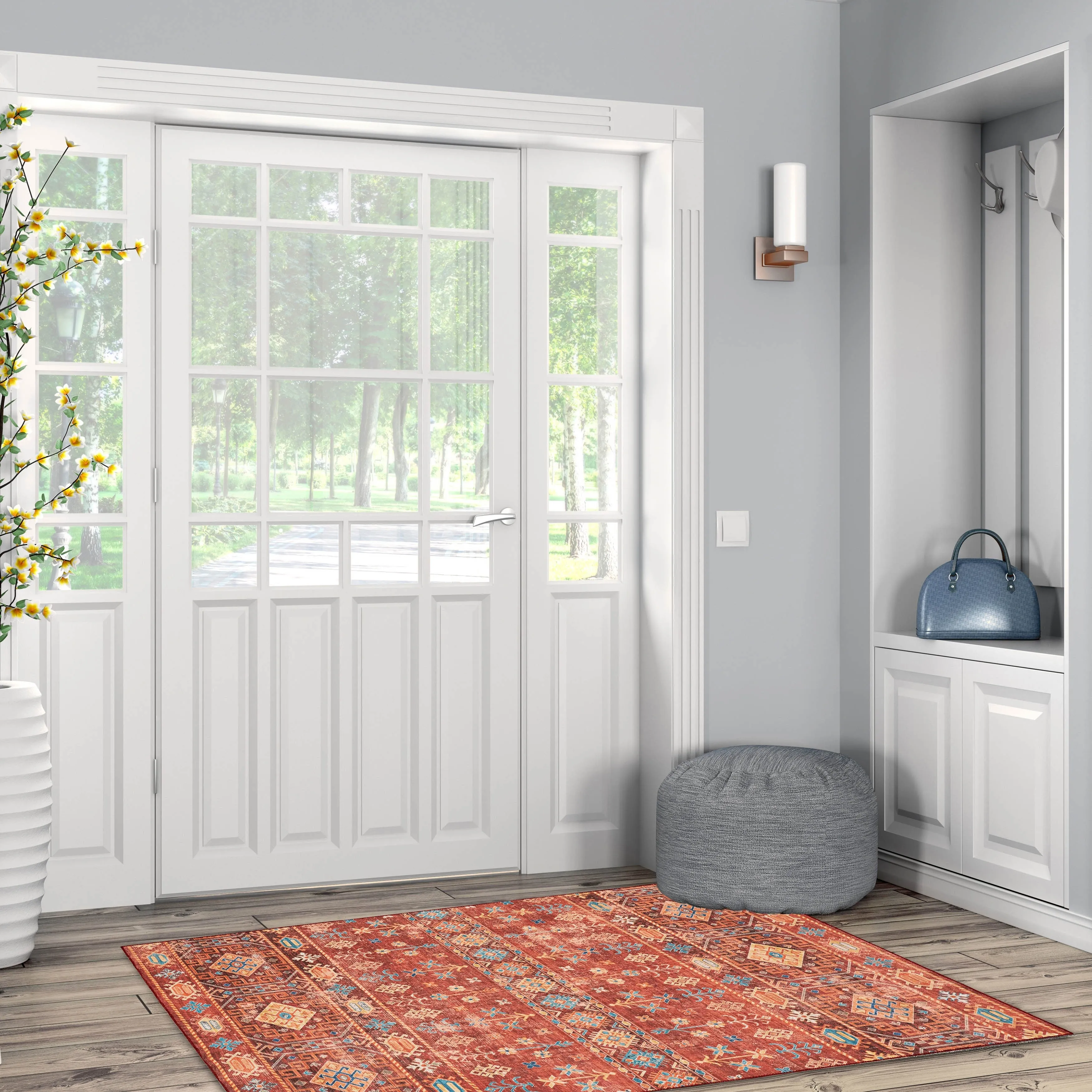 Devlin Machine Washable Red and Ivory Rug