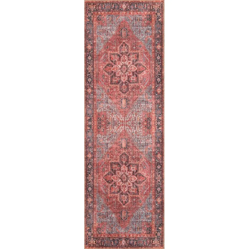 Domani Grove Machine Washable Distressed Oriental Red Medallion Area Rug